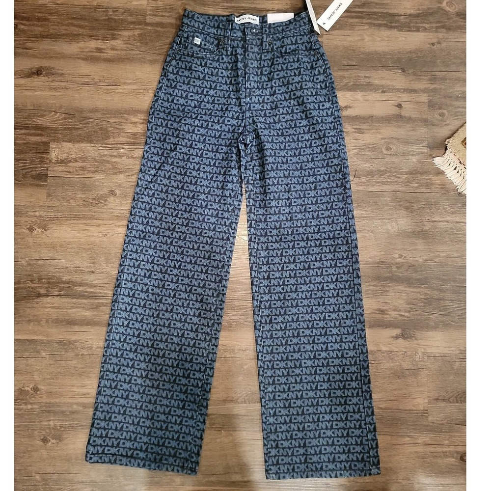 DKNY Jeans Womens Size 25 High Rise Modern Wide Leg Logo Monogram Denim Blue